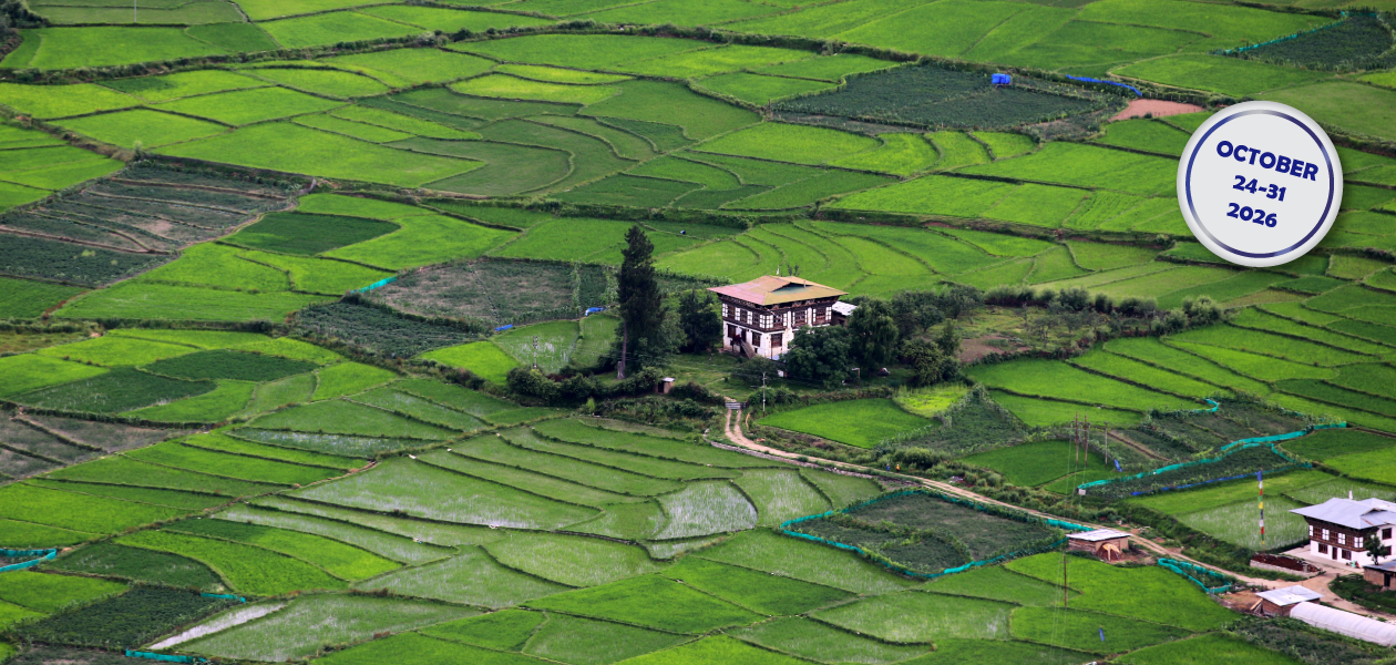 Traditional Bhutanese House in the middle of paddy field in Bhutan